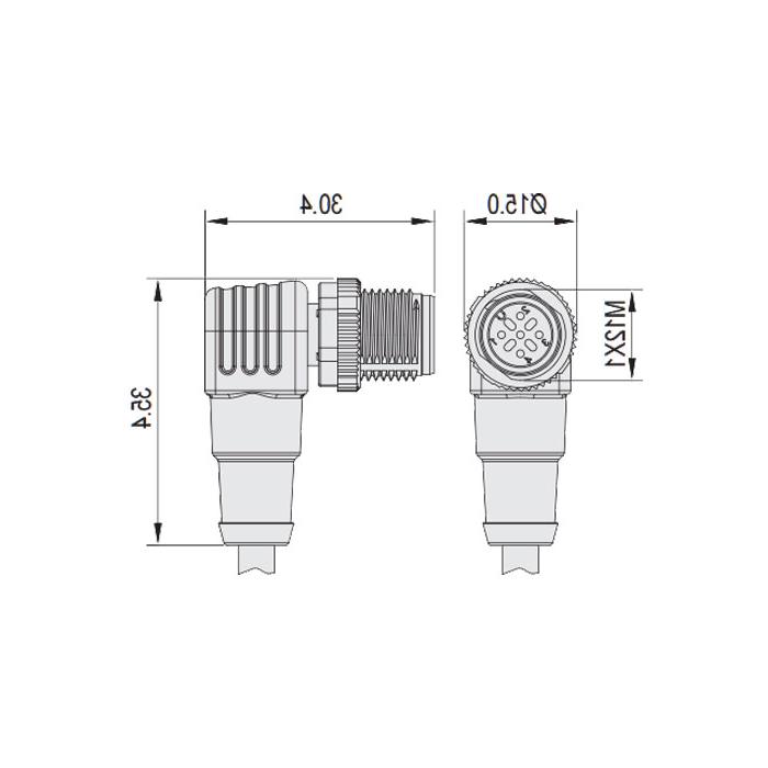 M12 5Pin 、公头90°、引脚5灰色、单端预铸PVC非柔性电缆、带屏蔽、灰色护套、64S567-XXX