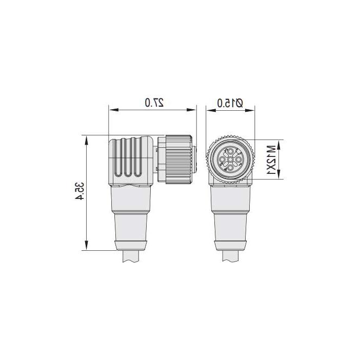 M12 5Pin、引脚5灰、母头90°、单端预铸PVC非柔性电缆、带屏蔽、灰色护套、64S287-XXX